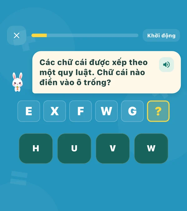 Câu hỏi trong app Karotto: Các chữ cái được xếp theo một quy luật. Chữ cái nào điền vào ô trống? Dãy E X F W G và một ô trống
