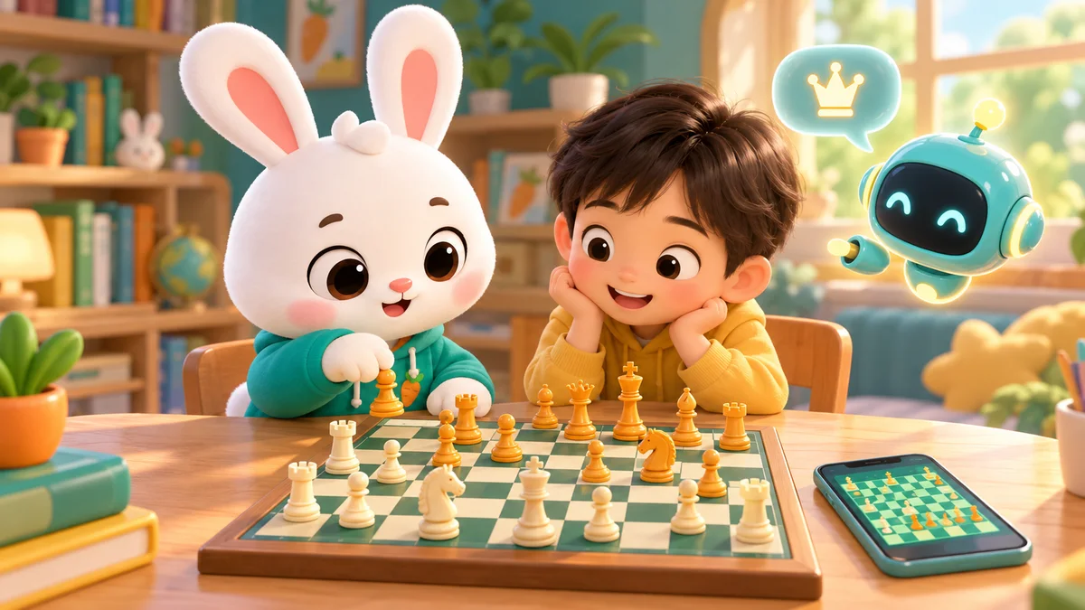 Minh hoạ Thỏ Bông và bé trai ngồi bên bàn cờ vua, bên cạnh là chú robot và điện thoại hiện bàn cờ