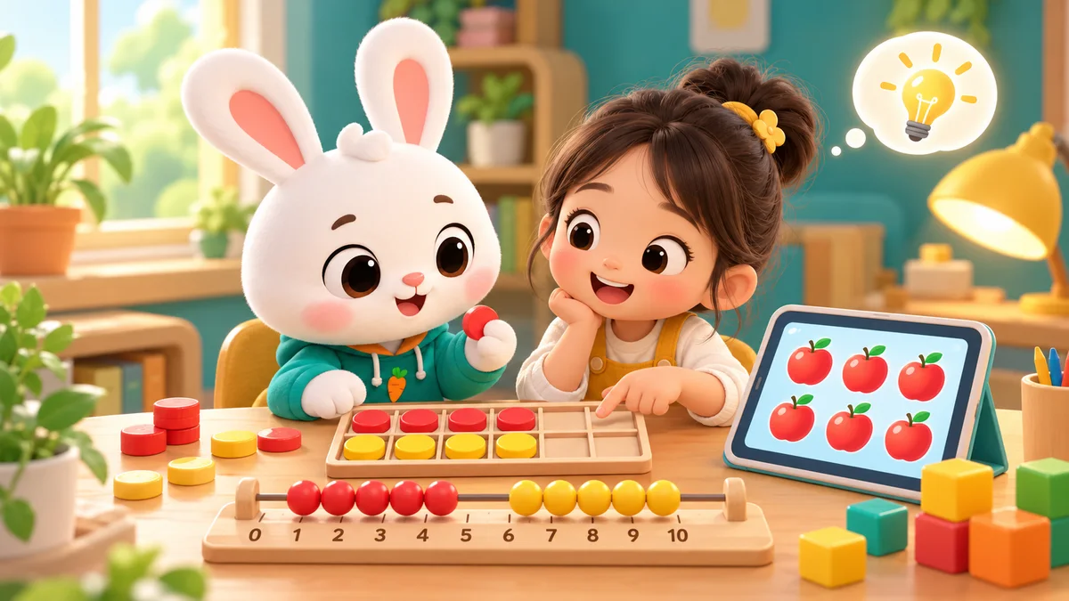 Minh hoạ Thỏ Bông và bé gái ngồi bên bàn tính hạt, máy tính bảng hiện các quả táo để đếm